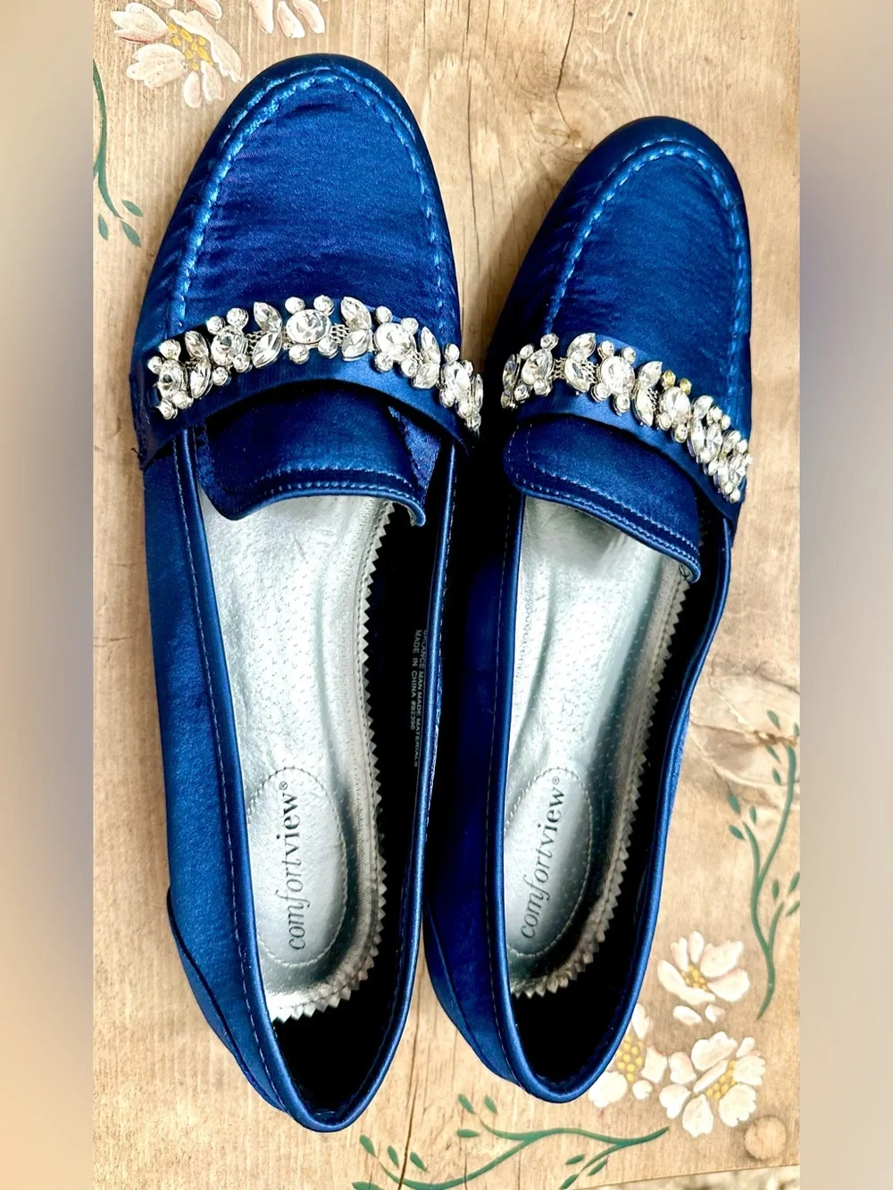 comfortview Royal Blue Satin Loafers with Crystal Trim